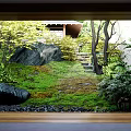 Traditional Garden Landscape View Through Wooden Framed Window With Mossy Ground Stones And Trees