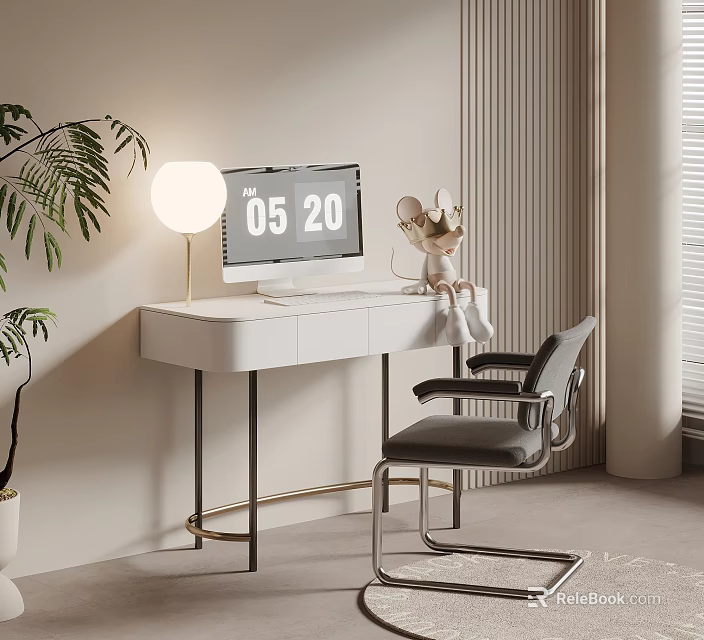Modern White Desk With Computer Monitor Table Lamp Stuffed Toy And Chair 3d model 