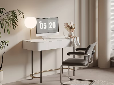 Modern White Desk With Computer Monitor Table Lamp Stuffed Toy And Chair 3d model