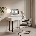 Modern White Desk With Computer Monitor Table Lamp Stuffed Toy And Chair