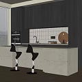 Modern Kitchen Interior With Dark Wood Cabinets Light Tile Backsplash Island Counter And Bar Stools