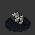 Medieval Naval Weaponry Mounted On Wooden Sailing Ship With White Sails Floating On Water