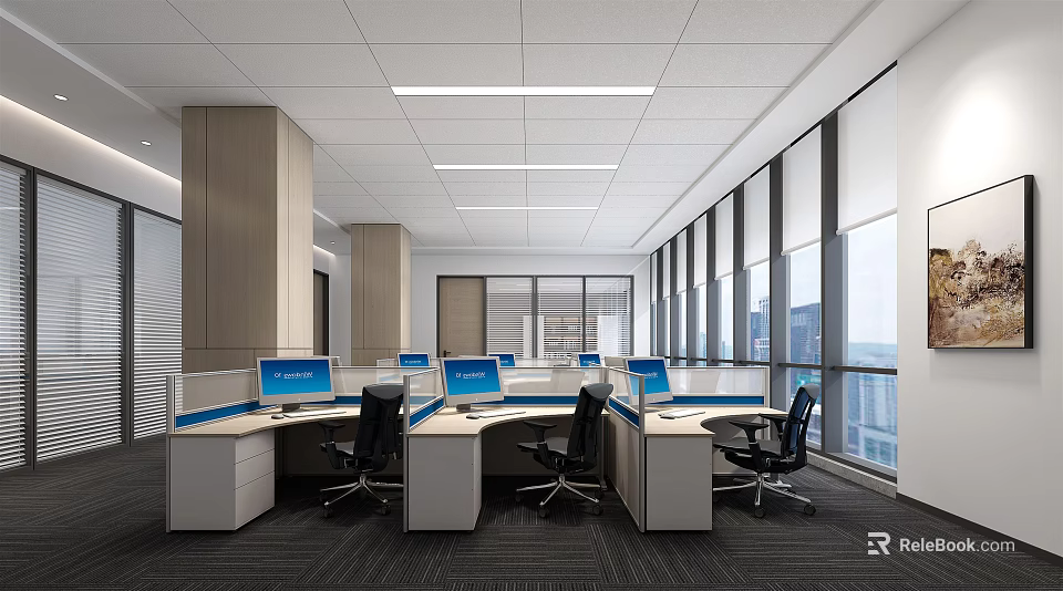 Contemporary Public Office Space With Workstations Computers Black Chairs Linear Lights And Large Windows 3d model