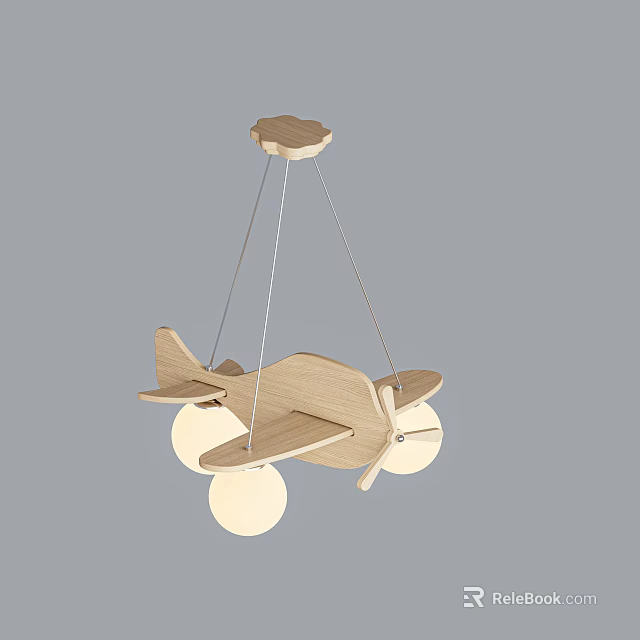 Unique Shape Wooden Airplane Pendant Light With Three Light Bulbs For Kids Room 3d model 