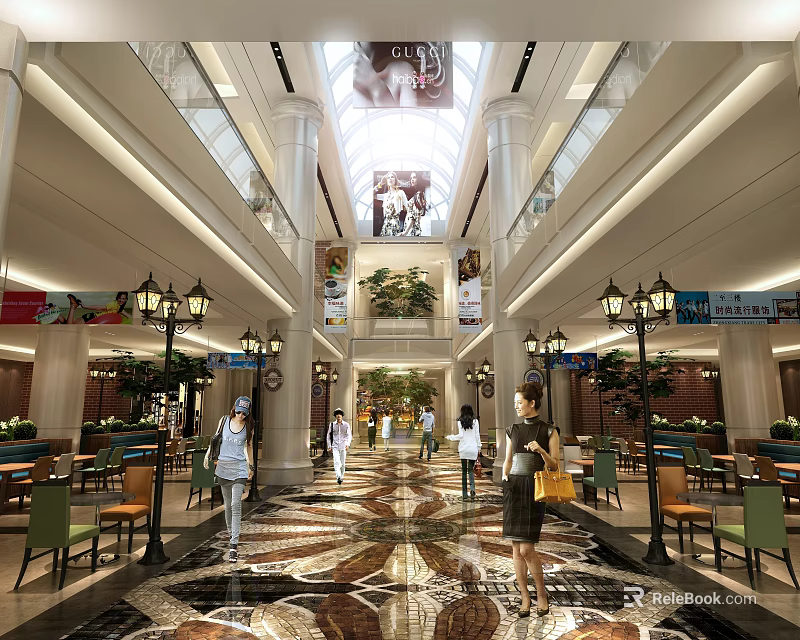 Spacious Shopping Mall Hall With High Ceiling Pendant Lights And Marble Floor 3d model 