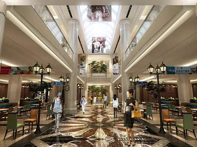 Spacious Shopping Mall Hall With High Ceiling Pendant Lights And Marble Floor 3d model