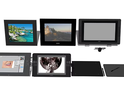 Digital Tablets And Displays With Landscape Images Design Drawings And Stylus Pen 3d model