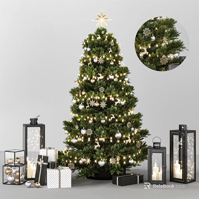 Decorated Christmas Tree With Festive Lights Snowflake Ornaments Lanterns And Gifts 3d model 