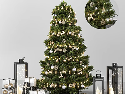 Decorated Christmas Tree With Festive Lights Snowflake Ornaments Lanterns And Gifts 3d model