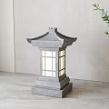 Japanese Inspired Stone Floor Lamp with Pagoda Roof and Lattice Window in Minimalist Interior