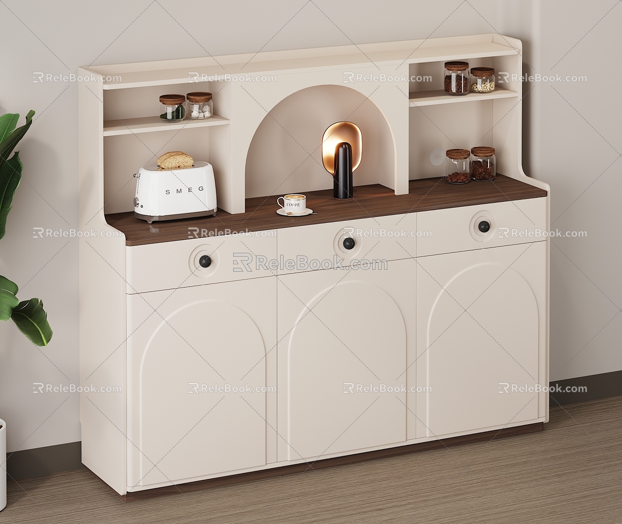 Cream Style Restaurant Sideboard Storage Cabinet Sundry Cabinet Side Cabinet Cream White Decorative Painting Green Plant Seasoning Bottle Tableware Walnut Wood Floor Bread Machine 3d model