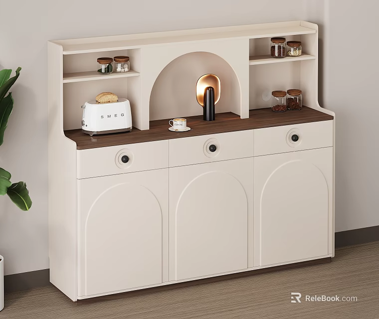 Modern White and Wooden Sideboard With Toaster Coffee Maker Cups and Open Shelves 3d model 