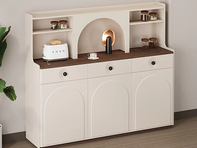 Modern White and Wooden Sideboard With Toaster Coffee Maker Cups and Open Shelves 3d model
