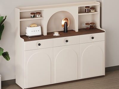 Cream Style Restaurant Sideboard Storage Cabinet Sundry Cabinet Side Cabinet Cream White Decorative Painting Green Plant Seasoning Bottle Tableware Walnut Wood Floor Bread Machine 3d model