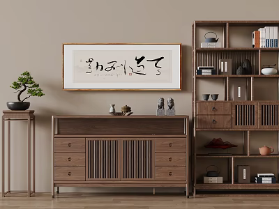 Traditional Chinese Interior Featuring Calligraphy Artwork Wooden Cabinet Bookshelf Tea Sets And Decorative Items 3d model