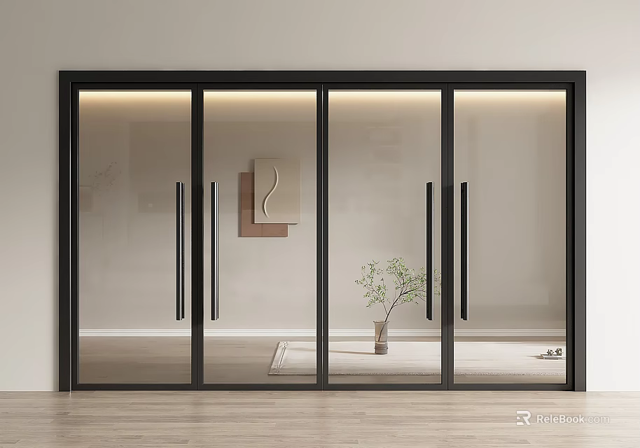 Modern Black Frame Glass Double Sliding Doors For Elegant Interior Design 3d model 