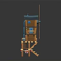 Cartoon Scene of Wooden Windmill House With Multi level Structure Stairs Lifebuoys and Street Lamp