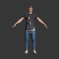Man in Gray T-shirt Blue Jeans White Sneakers with Arms Outstretched against Gray Gradient