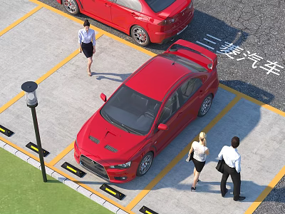Well Lit Parking Lot with Red Cars Pedestrians Yellow Parking Lines and Street Lamp 3d model