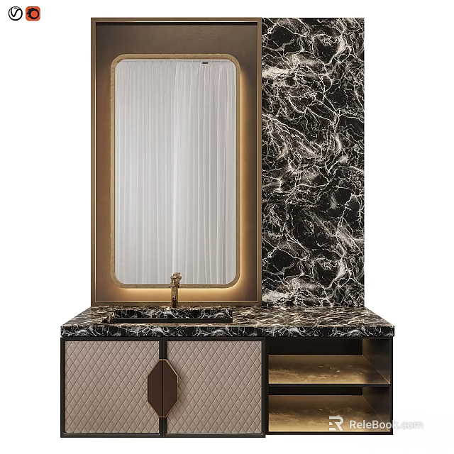 Elegant Bathroom Vanity With Marble Countertop Gold Frame Mirror And Storage Cabinet 3d model 