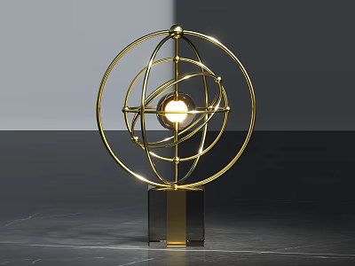 Modern Gold Metal Decorative Ornament Set With Circular Frame And Glowing Sphere On Marble Base 3d model