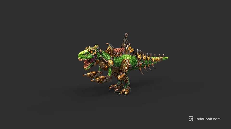 Futuristic Green Mechanical Dinosaur With Armor Gears And Spiked Back Design 3d model 