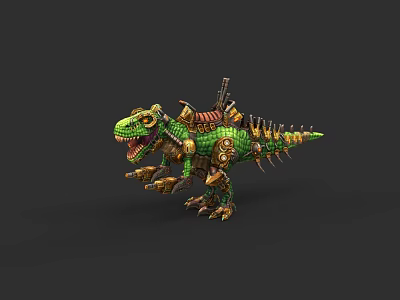 Futuristic Green Mechanical Dinosaur With Armor Gears And Spiked Back Design 3d model