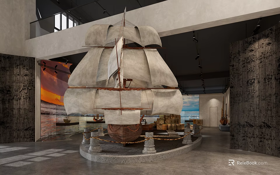 Cultural Center Large Sailboat Model in Exhibition Hall With Historical Displays And Decorative Walls 3d model 