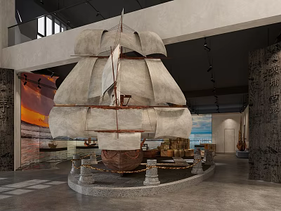 Cultural Center Large Sailboat Model in Exhibition Hall With Historical Displays And Decorative Walls 3d model