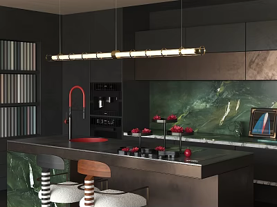 Dark Restaurant Kitchen With Red Faucet Black Countertop Green Backsplash And Pendant Lights 3d model