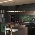 Dark Restaurant Kitchen With Red Faucet Black Countertop Green Backsplash And Pendant Lights