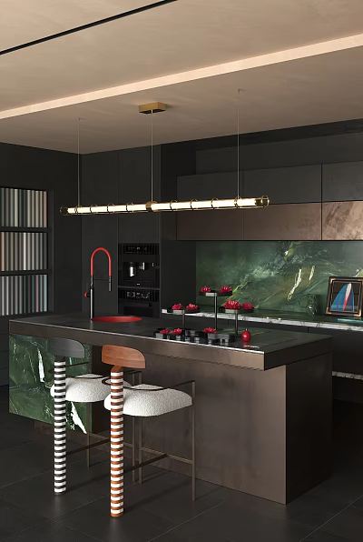 Dark Restaurant Kitchen With Red Faucet Black Countertop Green Backsplash And Pendant Lights 3d model