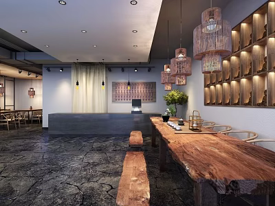 Elegant Hotel Lobby Interior With Hanging Woven Lampshades Long Wooden Table And Stone Floor 3d model