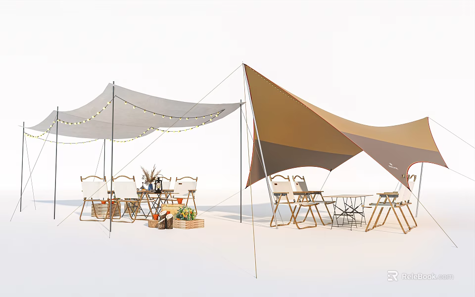 Outdoor Tents With Brown Gray Canopies String Lights Wooden Chairs And Table 3d model 
