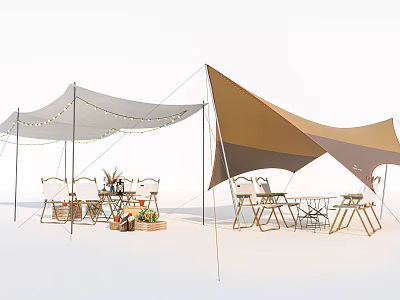 Outdoor Tents With Brown Gray Canopies String Lights Wooden Chairs And Table 3d model