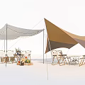 Outdoor Tents With Brown Gray Canopies String Lights Wooden Chairs And Table