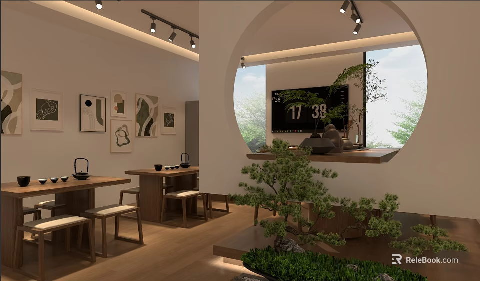 Traditional Tea House Interior With Wooden Tables Decorative Paintings And Green Plants 3d model 