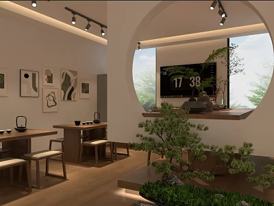 Traditional Tea House Interior With Wooden Tables Decorative Paintings And Green Plants 3d model
