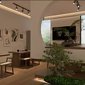 Traditional Tea House Interior With Wooden Tables Decorative Paintings And Green Plants