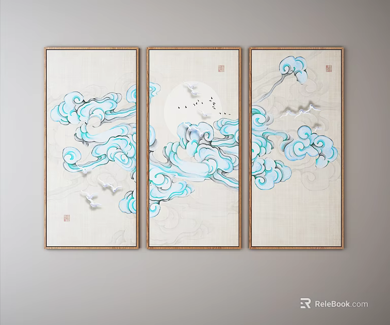 Three Panel Chinese Style Wall Art with Blue Cloud Patterns Birds and Moon Design 3d model