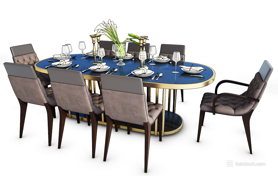 Elegant Round Dining Table Set With Blue Tabletop Gold Legs And Gray Chairs 3d model