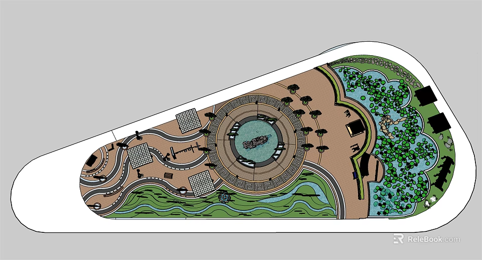 Landscape Design With Circular Central Plaza Winding Paths Trees And Water Features 3d model