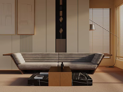 Modern Three Seater Sofa In Living Room With Wooden Coffee Table And Floor Lamp 3d model
