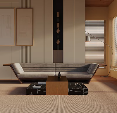 Modern Three Seater Sofa In Living Room With Wooden Coffee Table And Floor Lamp 3d model