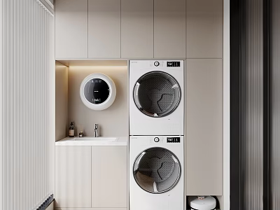 Home Balcony Modern Design With Stacked Washing Machine And Dryer Storage Cabinets And Countertop 3d model