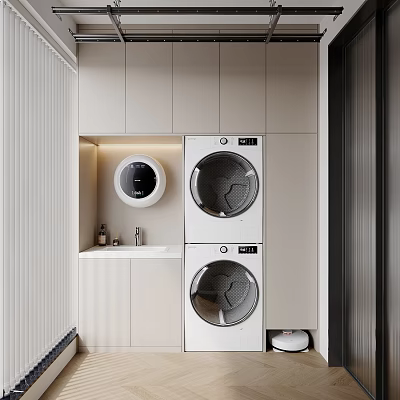 Home Balcony Modern Design With Stacked Washing Machine And Dryer Storage Cabinets And Countertop 3d model