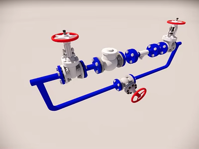 Industrial Pipeline System With Blue Pipes White Valves And Red Handles 3d model