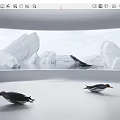 Reptile Turtle Moving Through Cold Water Among Icebergs And Penguins