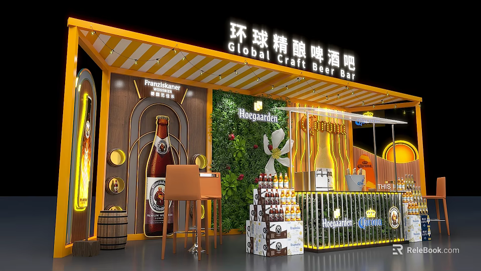 Modern Global Craft Beer Bar Interior With Bar Counter Stools And Beer Bottles 3d model 