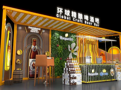 Modern Global Craft Beer Bar Interior With Bar Counter Stools And Beer Bottles 3d model